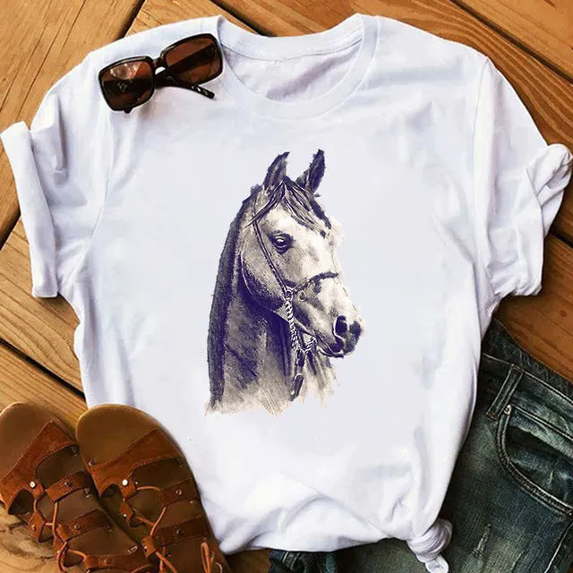 2021 spring women's short-sleeved T-shirt new art horse print cross-border AliExpress one drop delivery