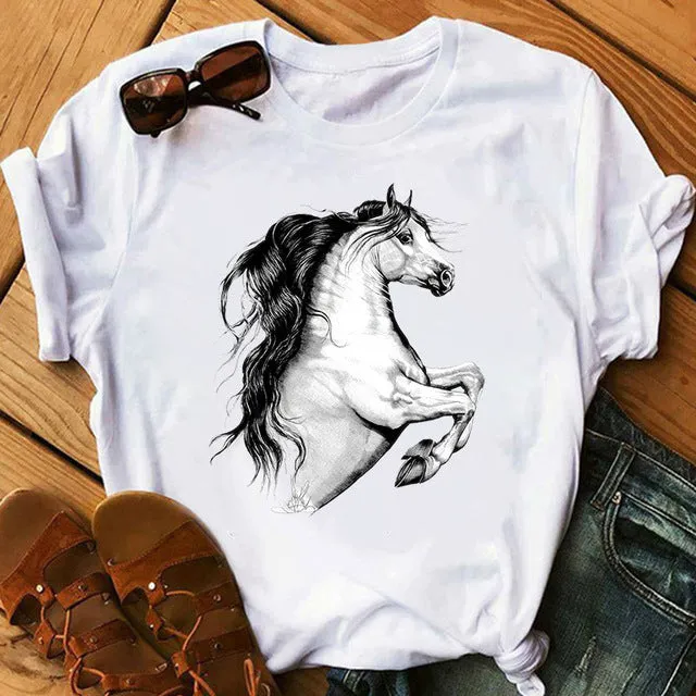 2021 spring women's short-sleeved T-shirt new art horse print cross-border AliExpress one drop delivery