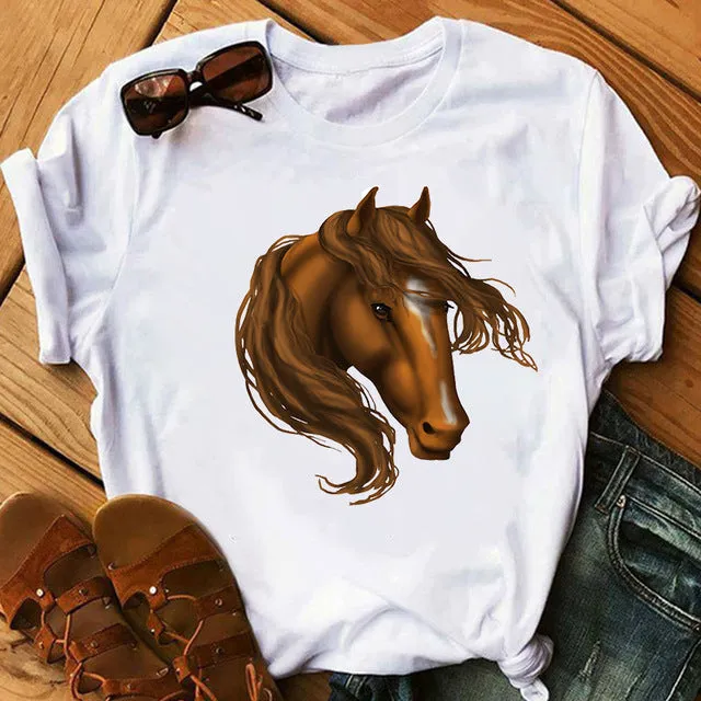 2021 spring women's short-sleeved T-shirt new art horse print cross-border AliExpress one drop delivery
