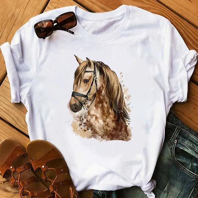 2021 spring women's short-sleeved T-shirt new art horse print cross-border AliExpress one drop delivery