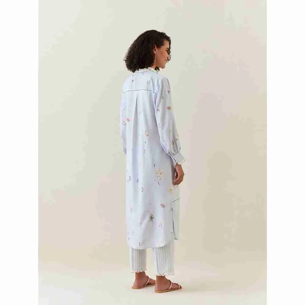 Anantaa by Roohi Trehan Blue Botanical Print Cotton Linen Kurta With Scalloped Net Collar