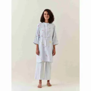 Anantaa by Roohi Trehan Blue Botanical Print Mid Length Cotton Linen Kurta With Yoke Placket