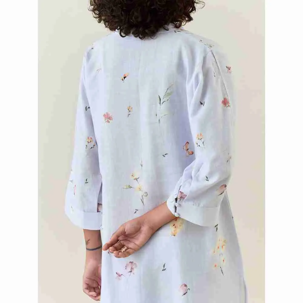 Anantaa by Roohi Trehan Blue Botanical Print Mid Length Cotton Linen Kurta With Yoke Placket