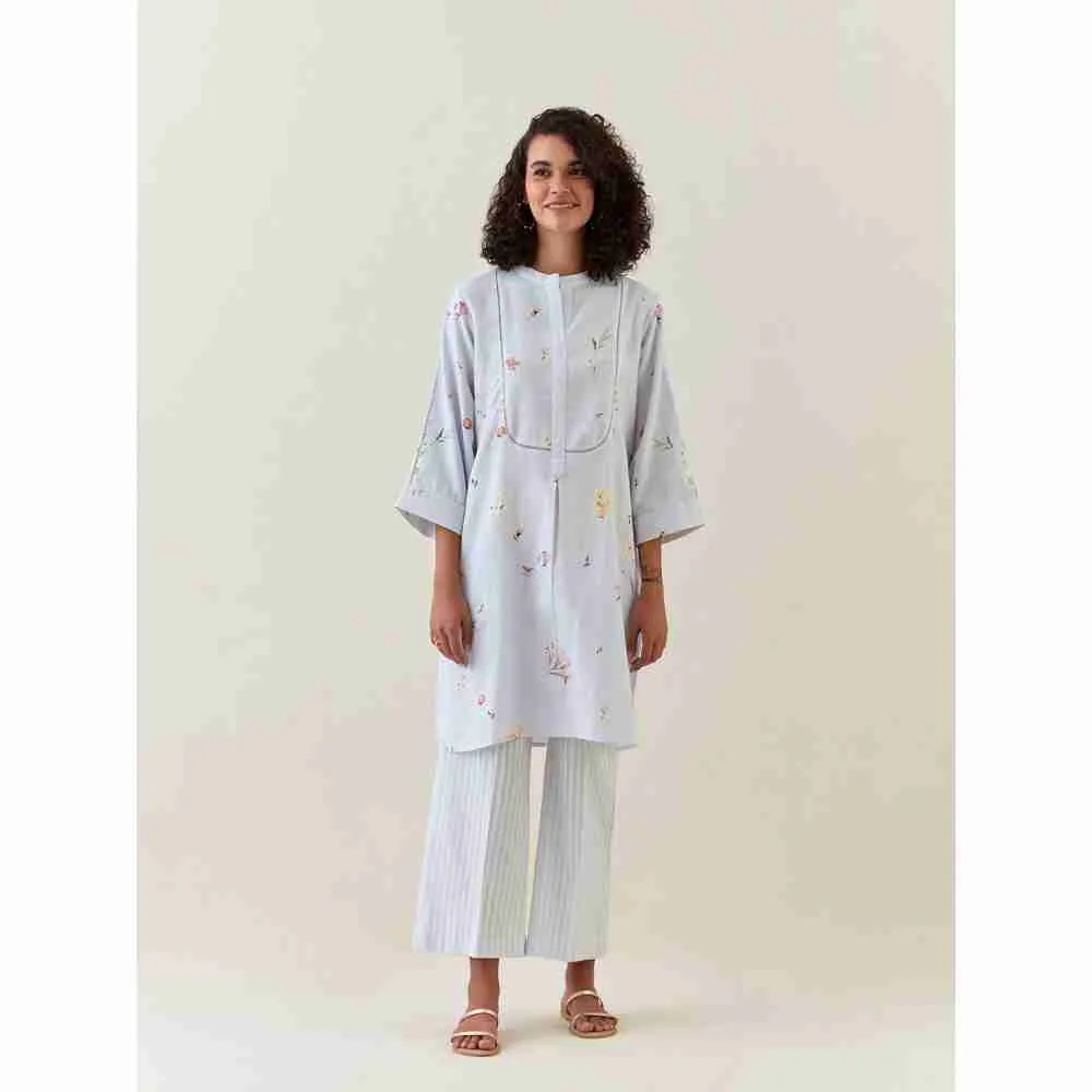 Anantaa by Roohi Trehan Blue Botanical Print Mid Length Cotton Linen Kurta With Yoke Placket