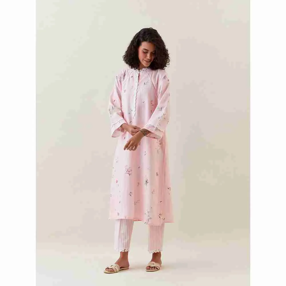 Anantaa by Roohi Trehan Pink Botanical Print Cotton Linen Kurta With Net Placket