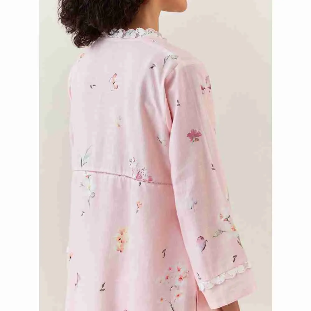 Anantaa by Roohi Trehan Pink Botanical Print Cotton Linen Kurta With Net Placket