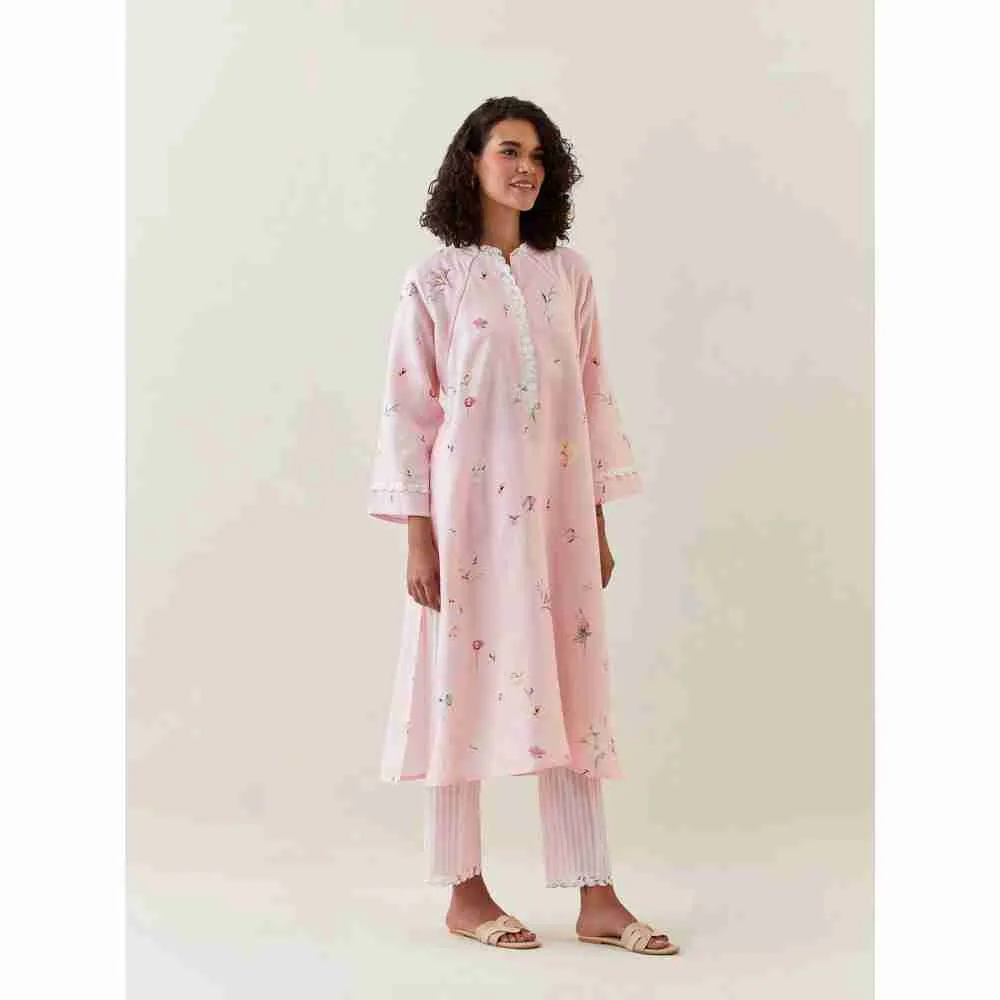 Anantaa by Roohi Trehan Pink Botanical Print Cotton Linen Kurta With Net Placket