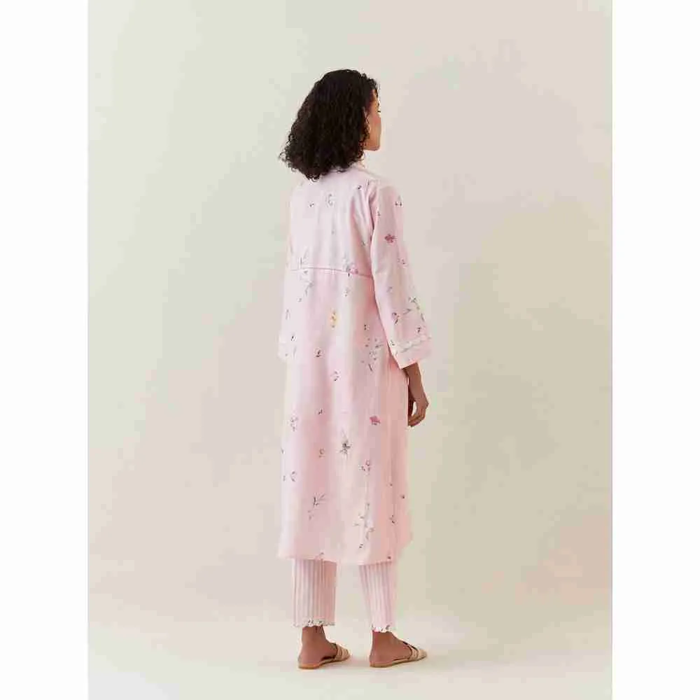 Anantaa by Roohi Trehan Pink Botanical Print Cotton Linen Kurta With Net Placket