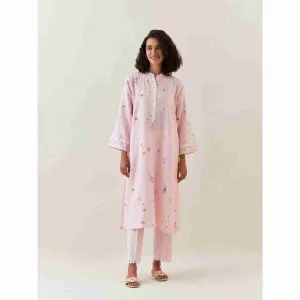 Anantaa by Roohi Trehan Pink Botanical Print Cotton Linen Kurta With Net Placket