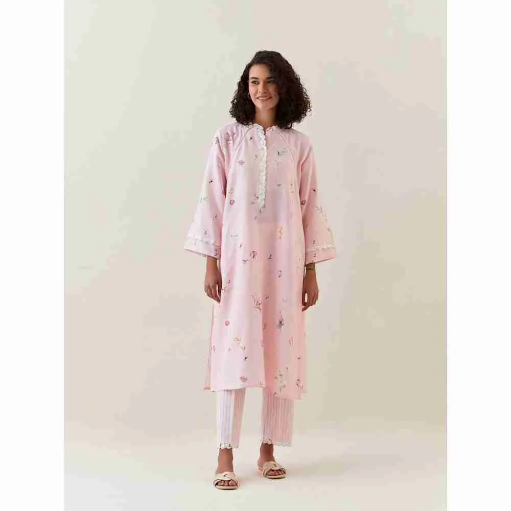 Anantaa by Roohi Trehan Pink Botanical Print Cotton Linen Kurta With Net Placket