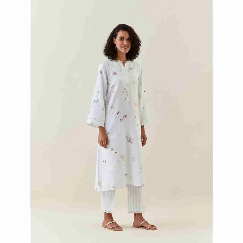 Anantaa by Roohi Trehan White Botanical Print Cotton Linen Kurta With Net Placket