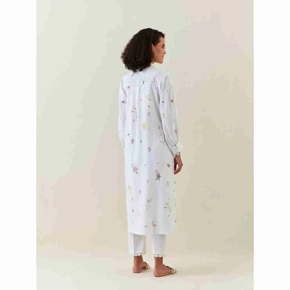 Anantaa by Roohi Trehan White Botanical Print Cotton Linen Kurta With Scalloped Net Collar