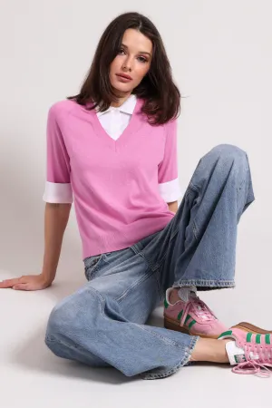 Cotton Cashmere Short Sleeve V Neck with Collar