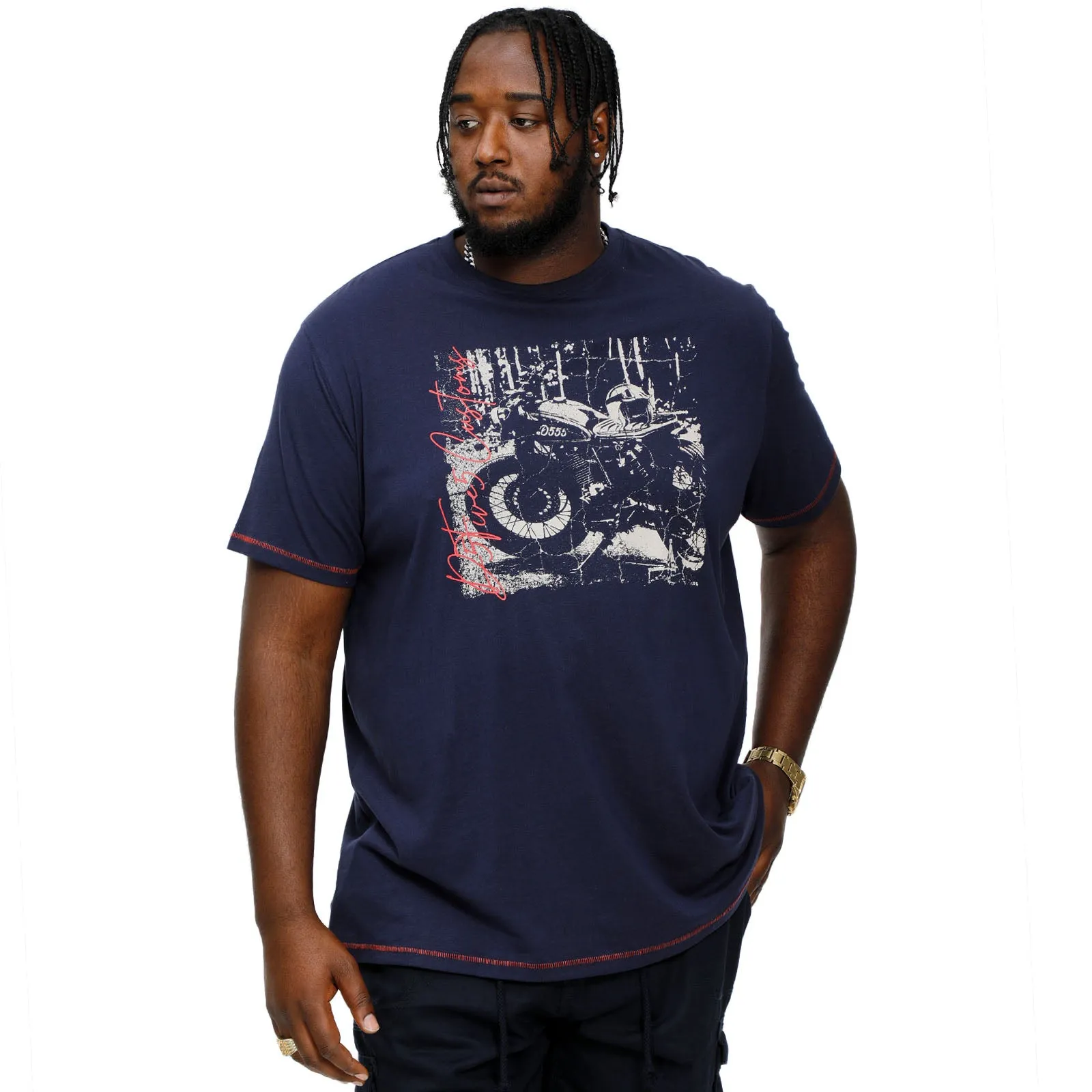 D555 Mens Bronson Big & Tall Customs Motorbike Print T-Shirt - Navy