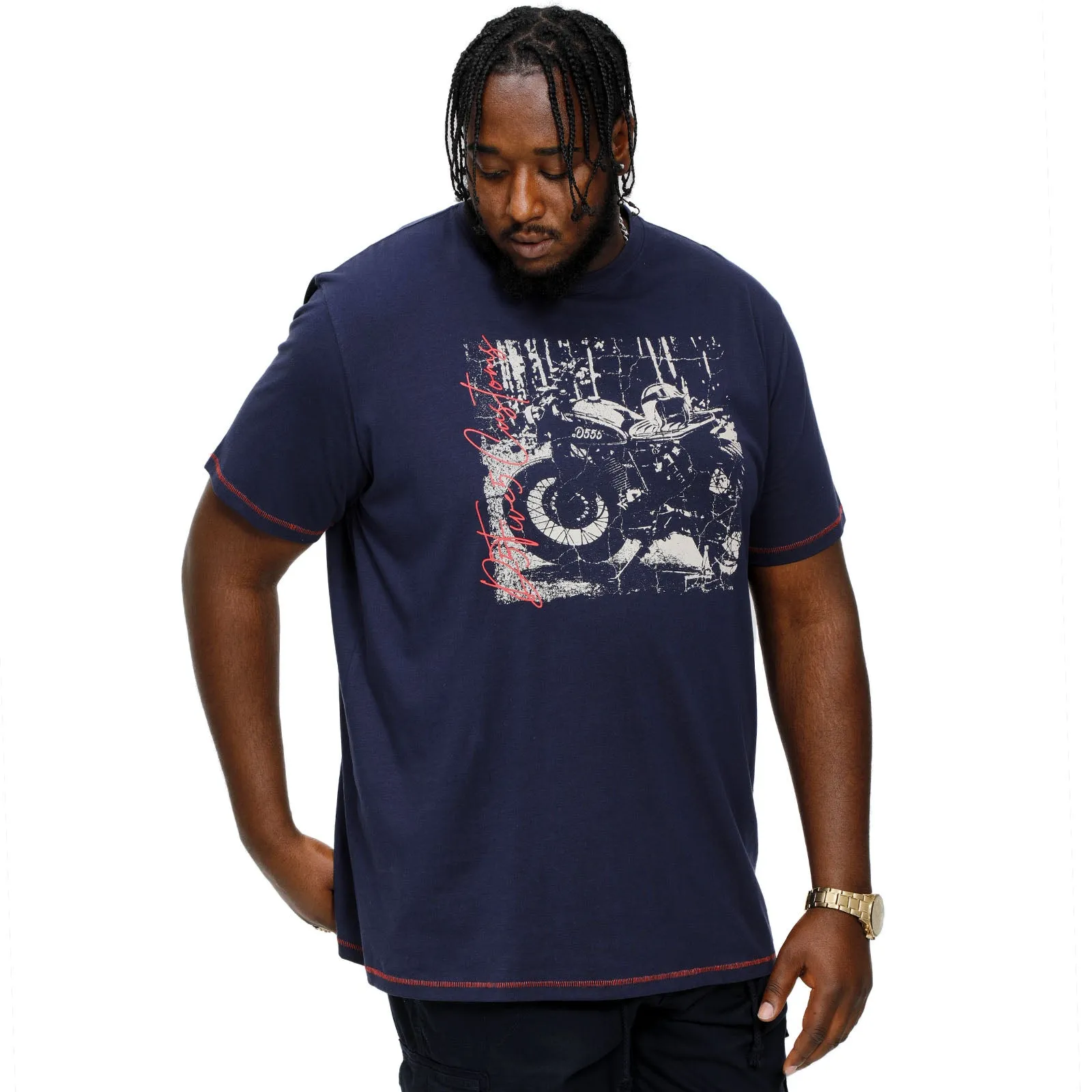 D555 Mens Bronson Big & Tall Customs Motorbike Print T-Shirt - Navy