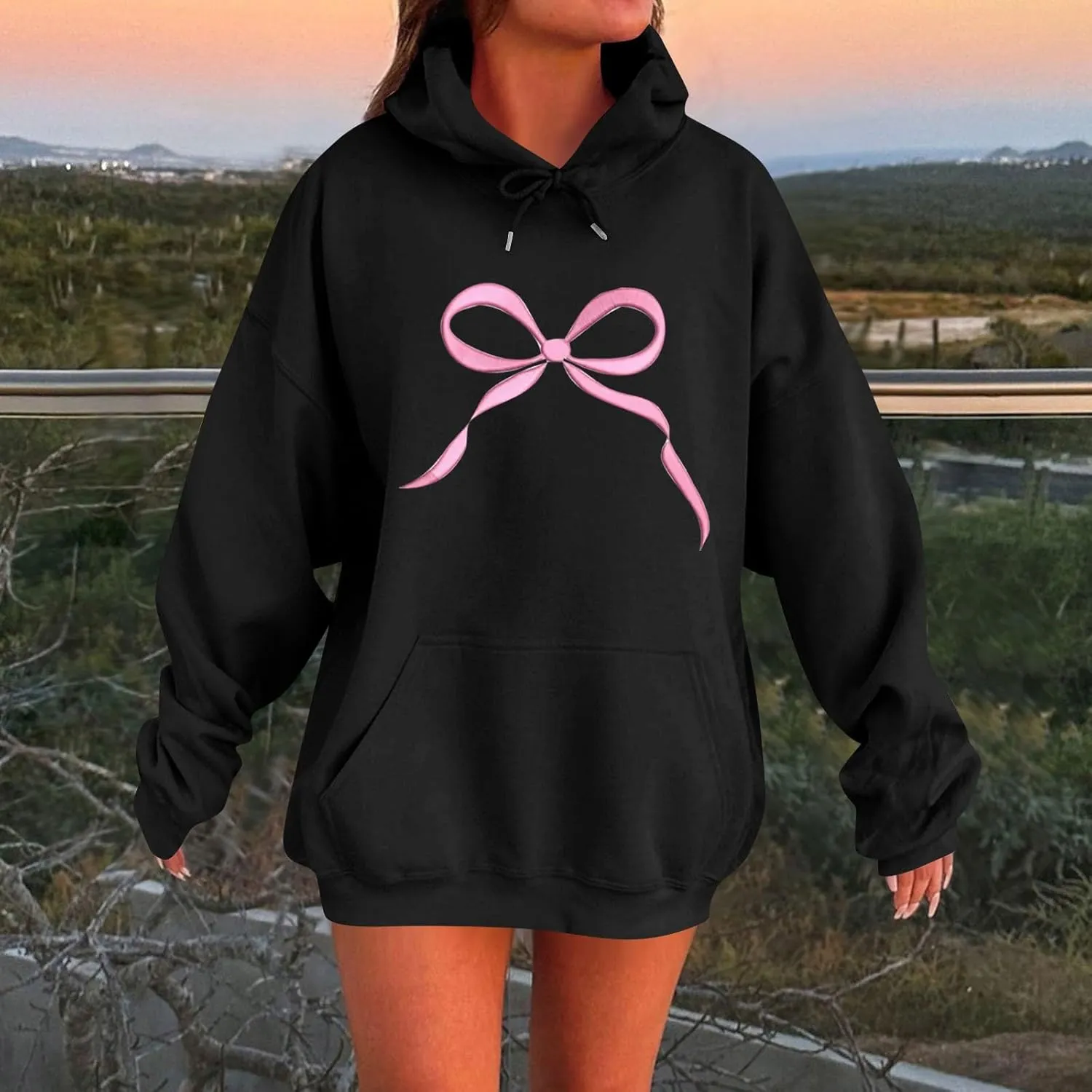 Gumipy Oversized Hoodies for Women Fleece Lined Bow Graphic Hoodies Sweatshirts Y2K Drawstring Long Sleeve Hoodies Pullover