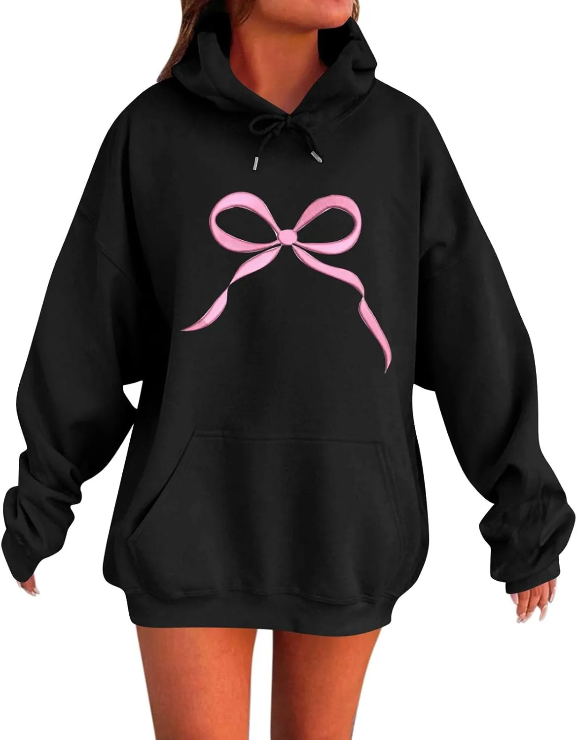 Gumipy Oversized Hoodies for Women Fleece Lined Bow Graphic Hoodies Sweatshirts Y2K Drawstring Long Sleeve Hoodies Pullover