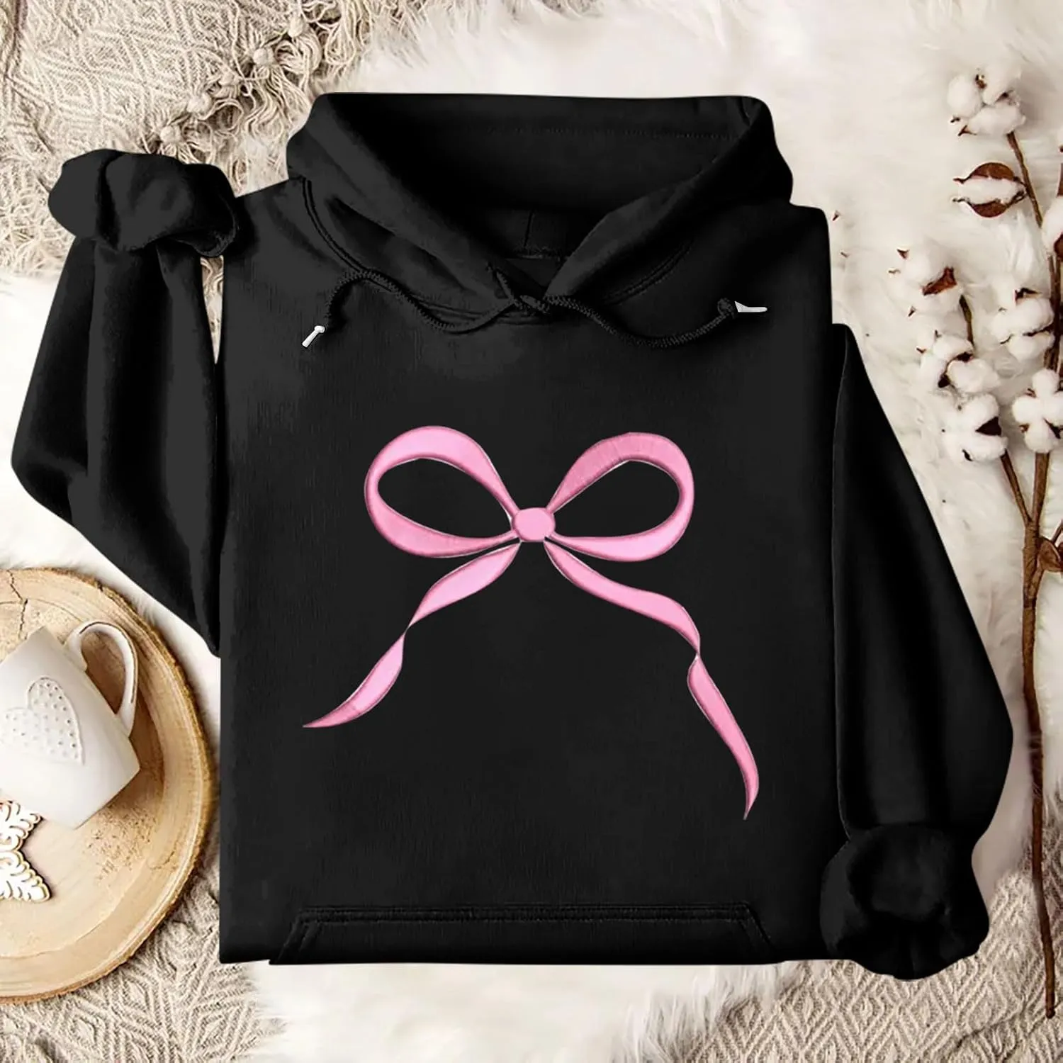 Gumipy Oversized Hoodies for Women Fleece Lined Bow Graphic Hoodies Sweatshirts Y2K Drawstring Long Sleeve Hoodies Pullover