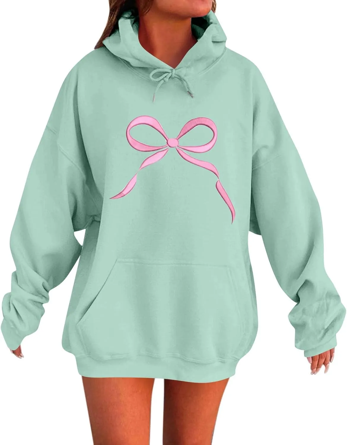 Gumipy Oversized Hoodies for Women Fleece Lined Bow Graphic Hoodies Sweatshirts Y2K Drawstring Long Sleeve Hoodies Pullover