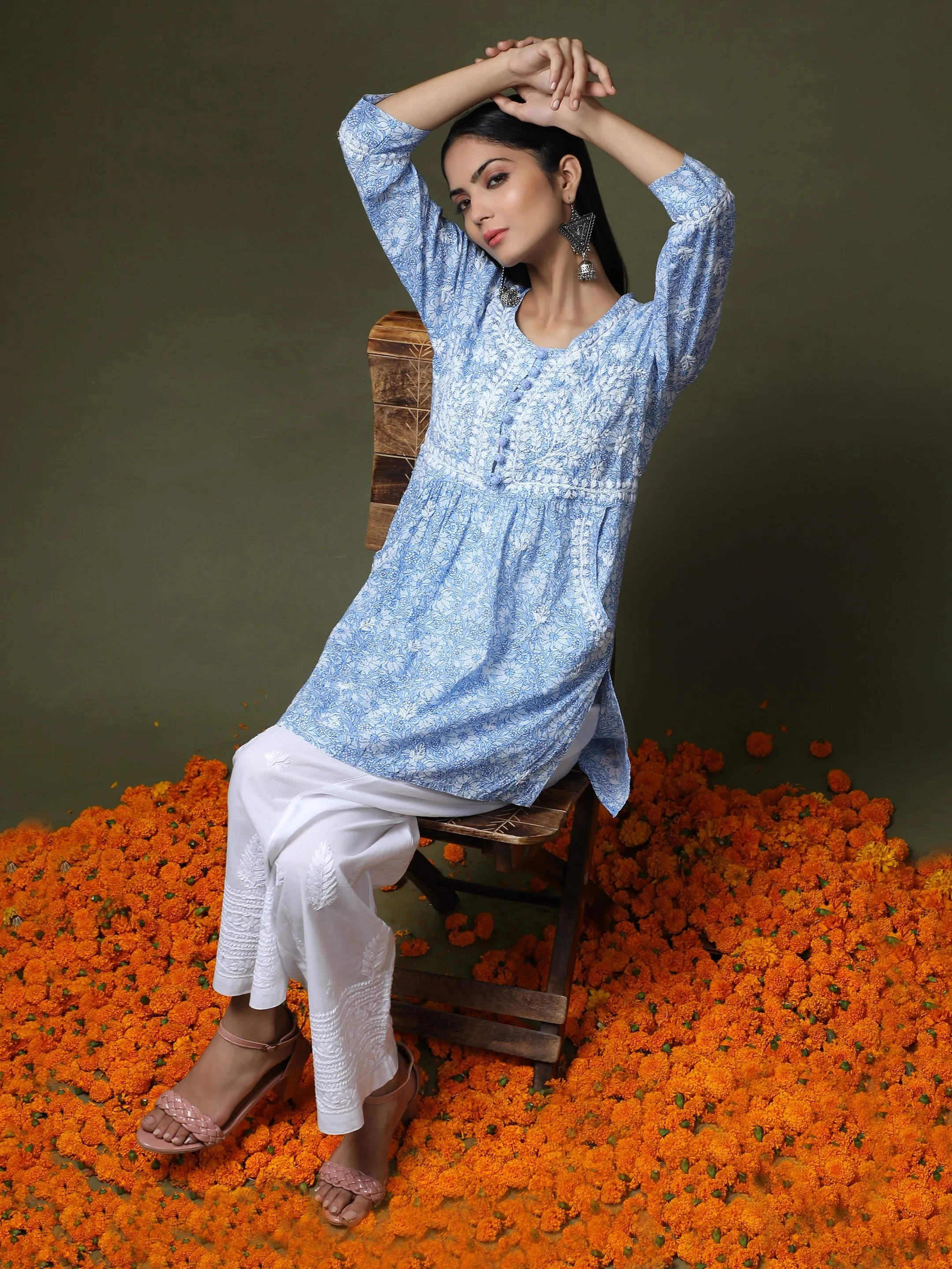 Hand Embroidery Chikankari Tunic for Women Printed Blue