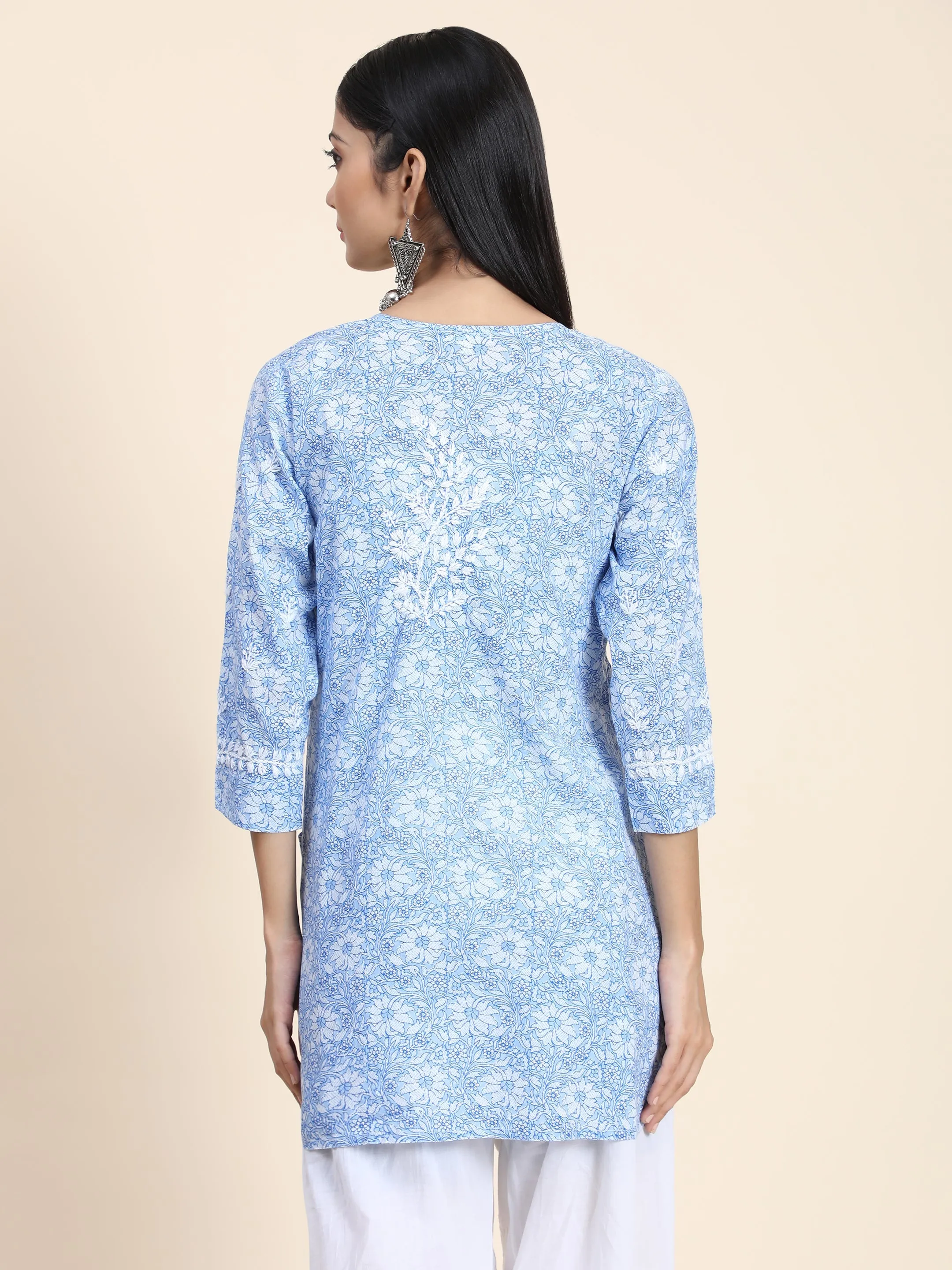 Hand Embroidery Chikankari Tunic for Women Printed Blue
