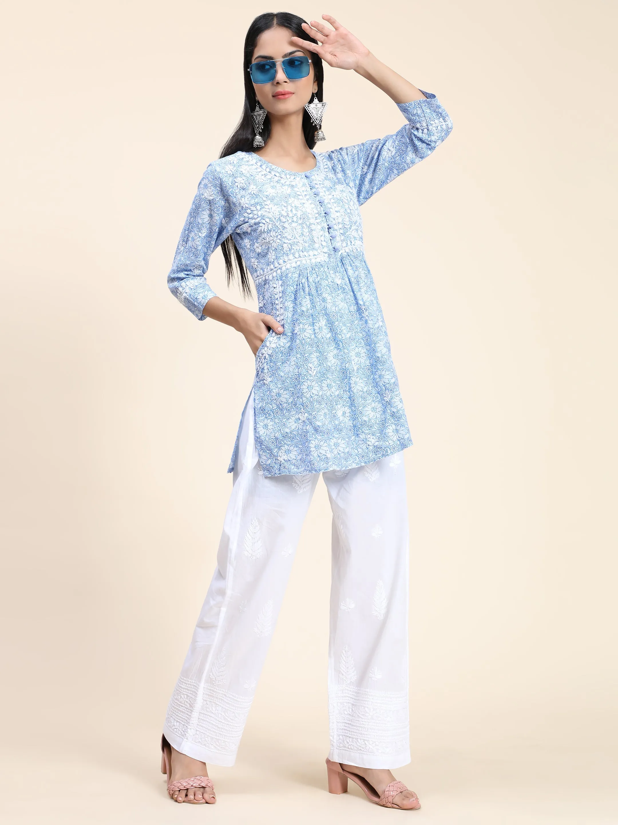 Hand Embroidery Chikankari Tunic for Women Printed Blue