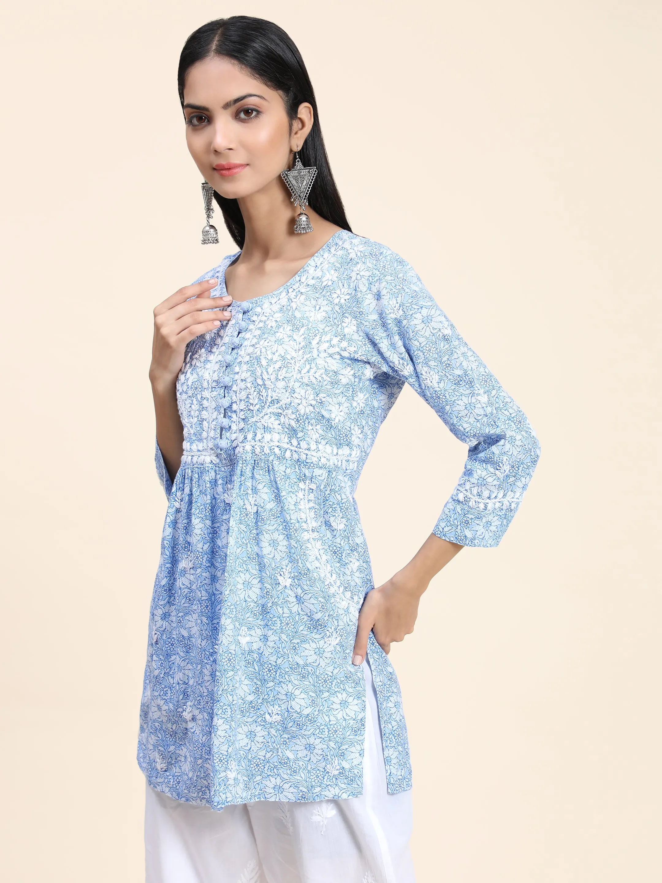 Hand Embroidery Chikankari Tunic for Women Printed Blue
