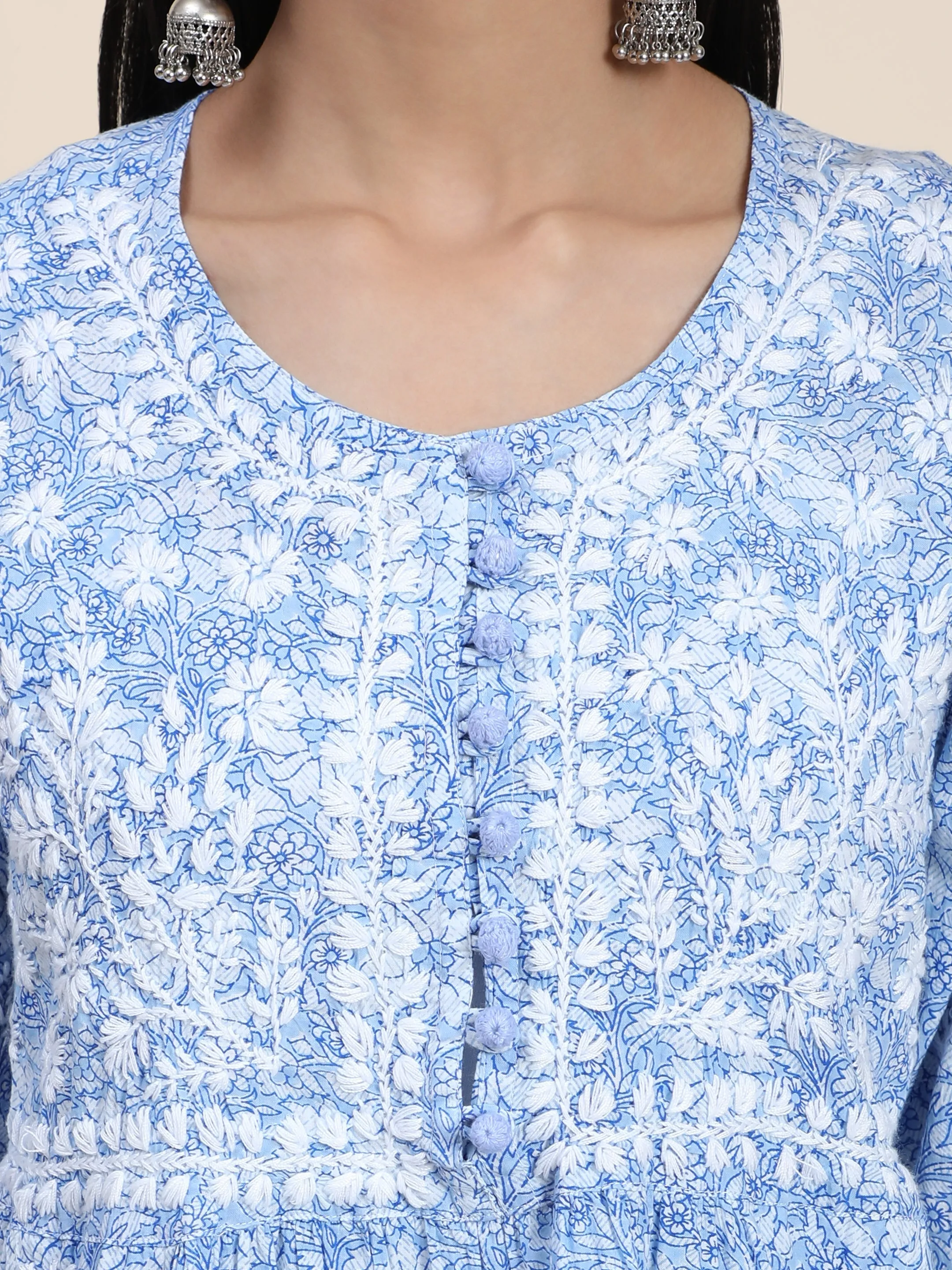 Hand Embroidery Chikankari Tunic for Women Printed Blue