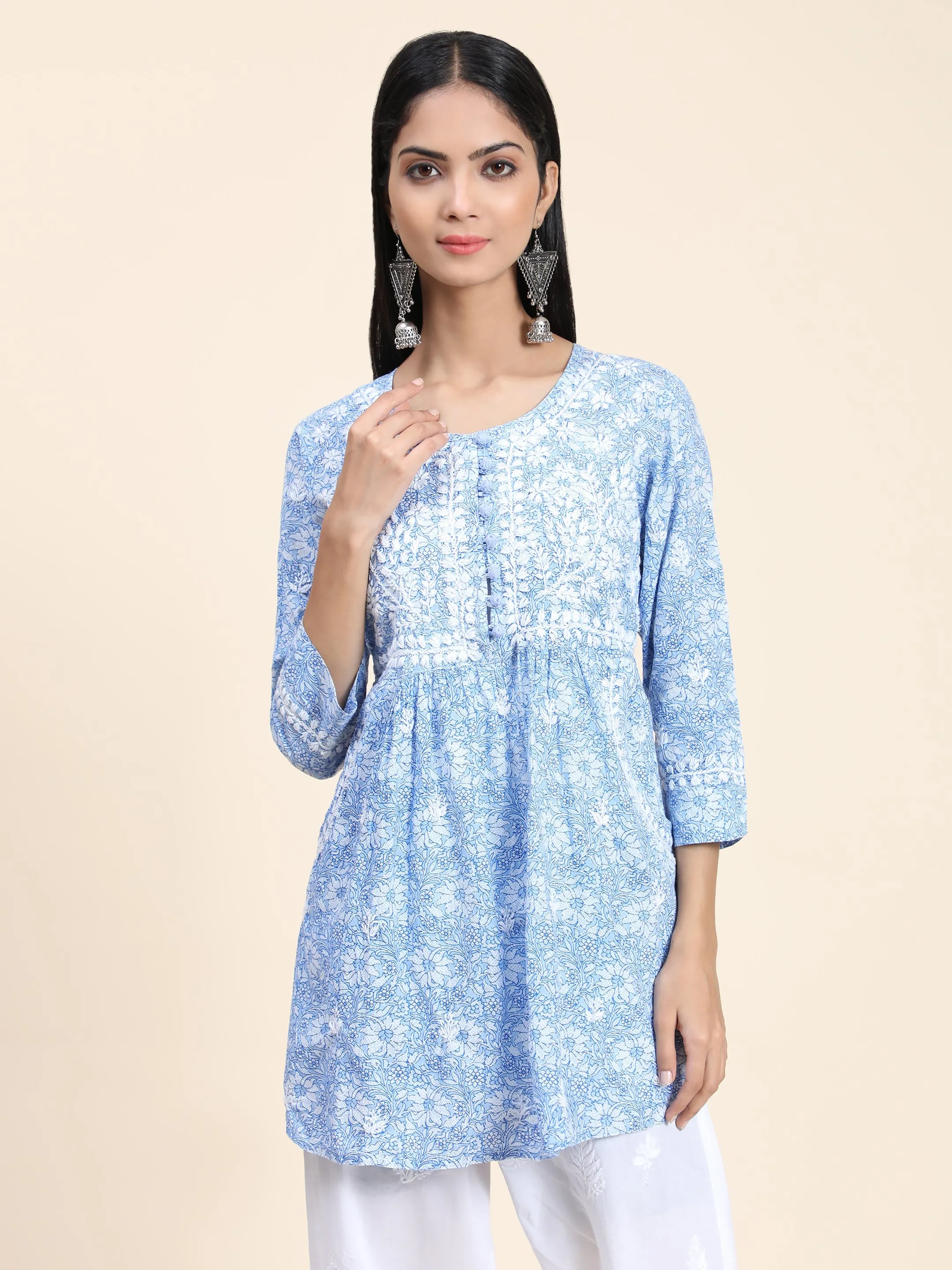 Hand Embroidery Chikankari Tunic for Women Printed Blue