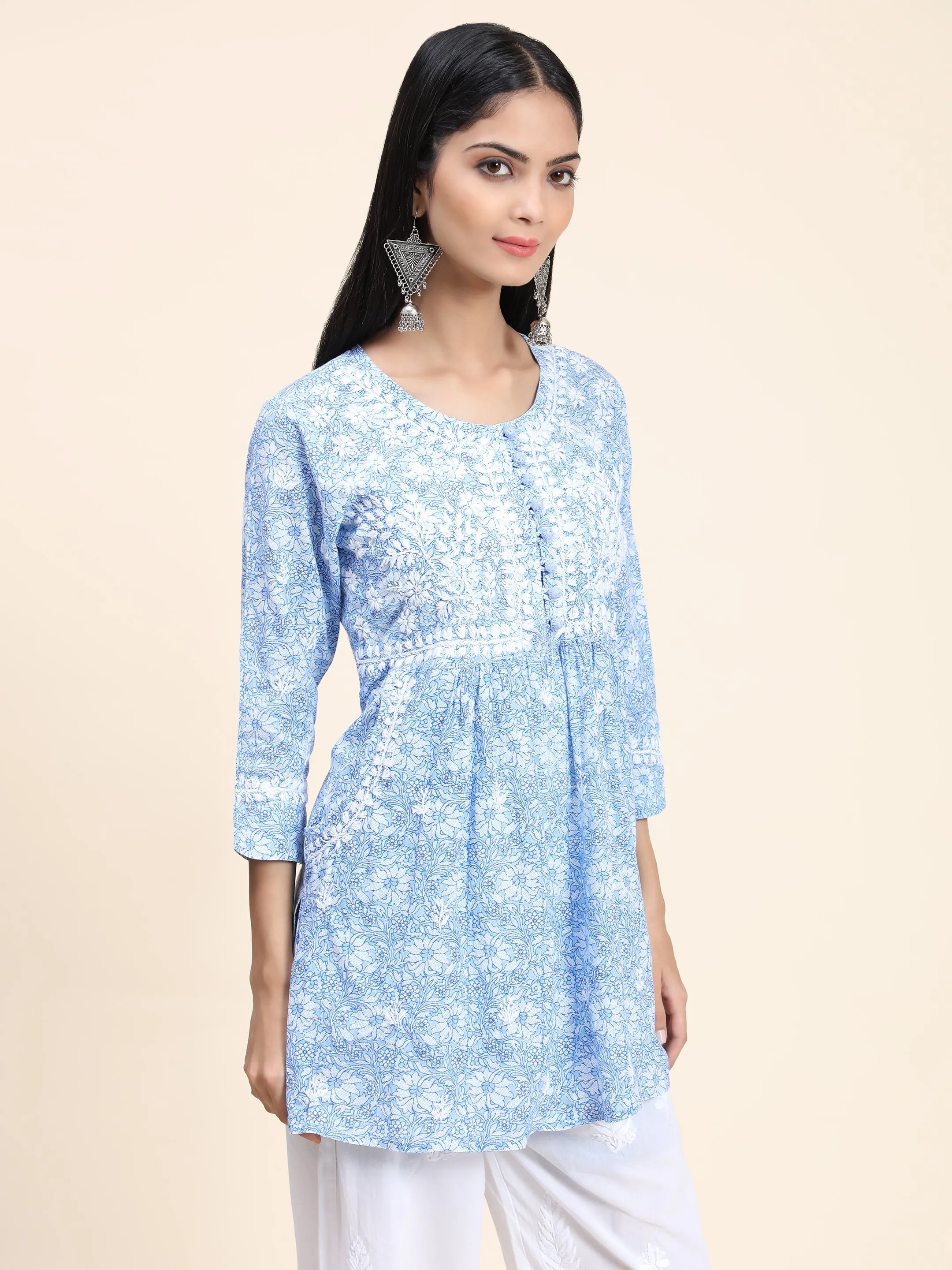 Hand Embroidery Chikankari Tunic for Women Printed Blue