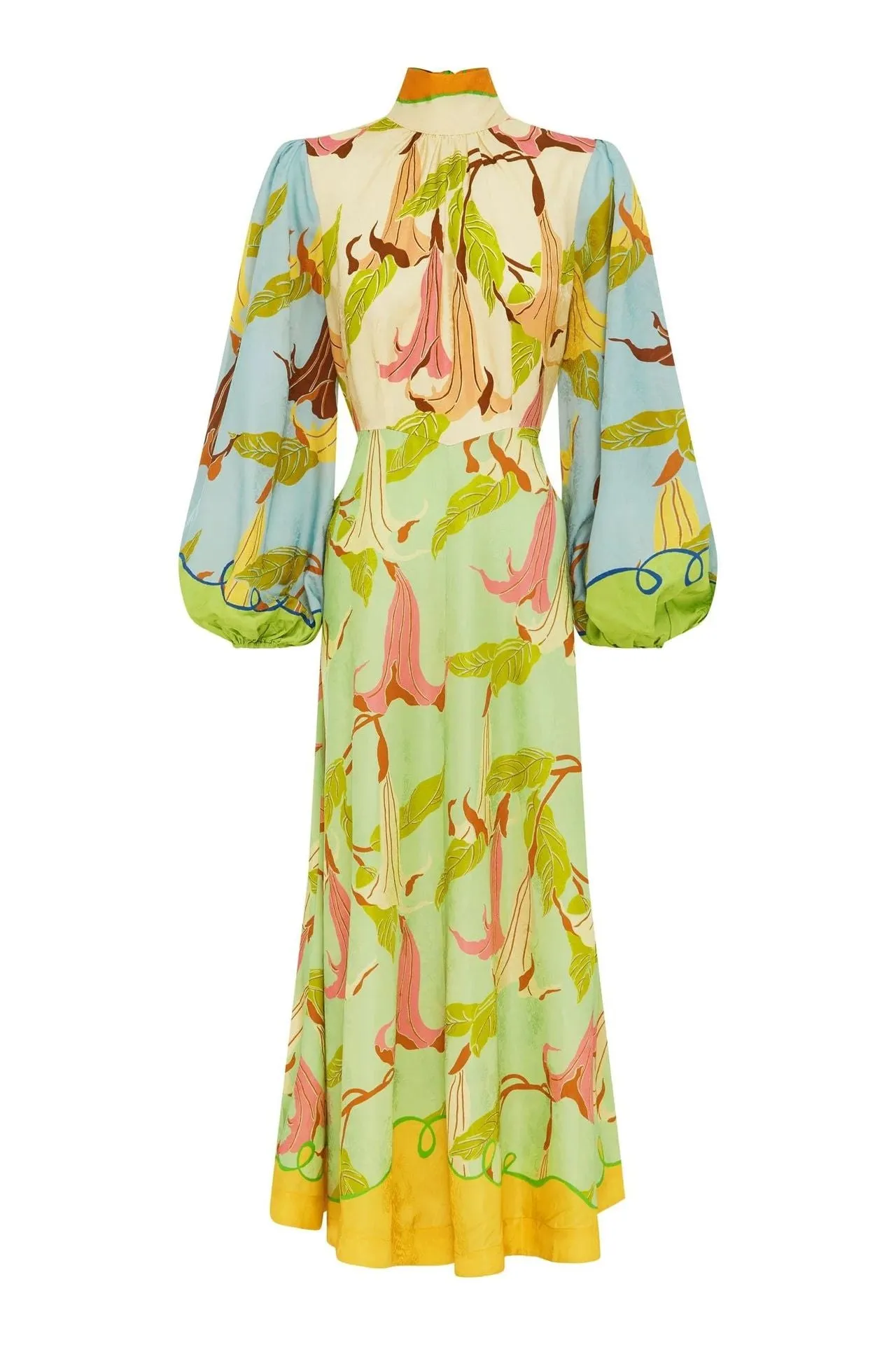 High collar lantern sleeve patchwork dress