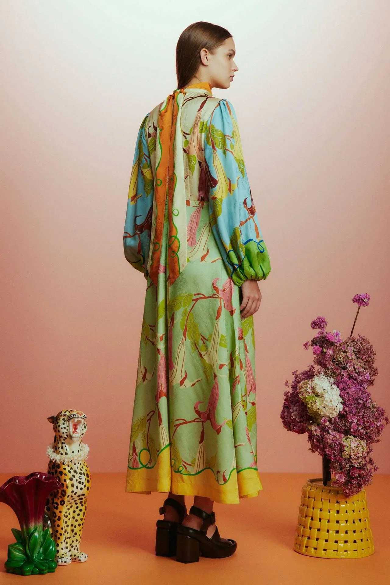 High collar lantern sleeve patchwork dress