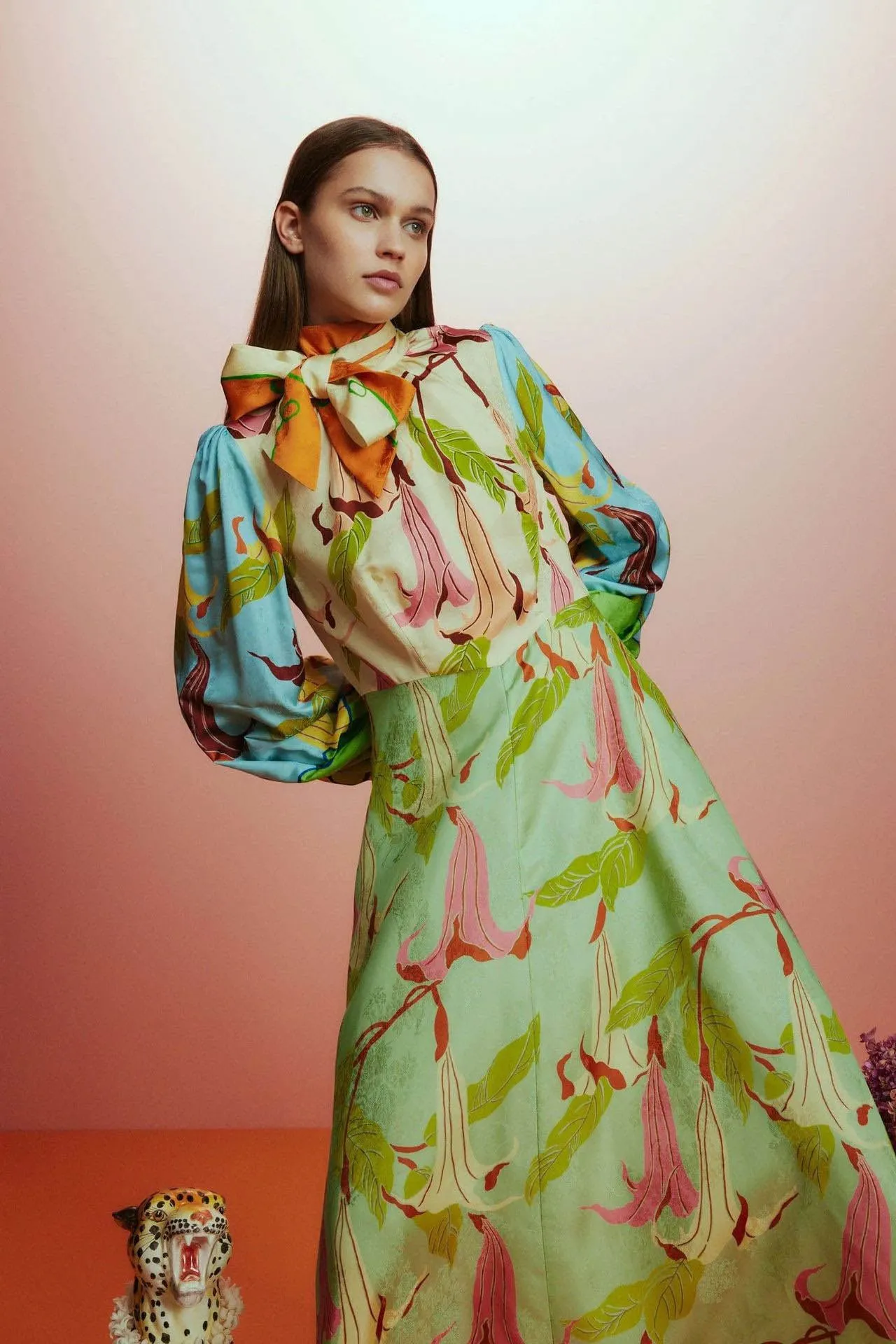 High collar lantern sleeve patchwork dress