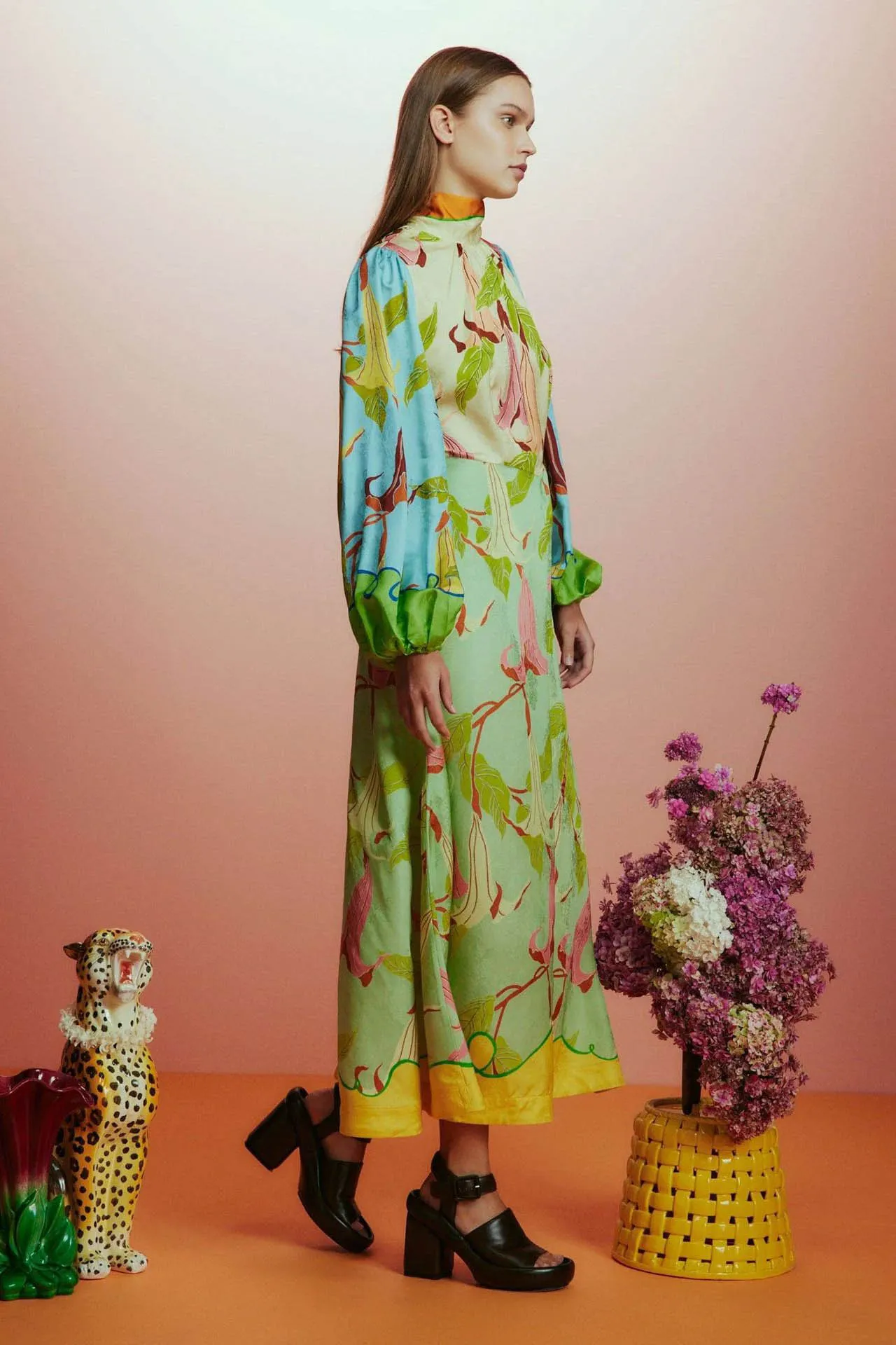 High collar lantern sleeve patchwork dress