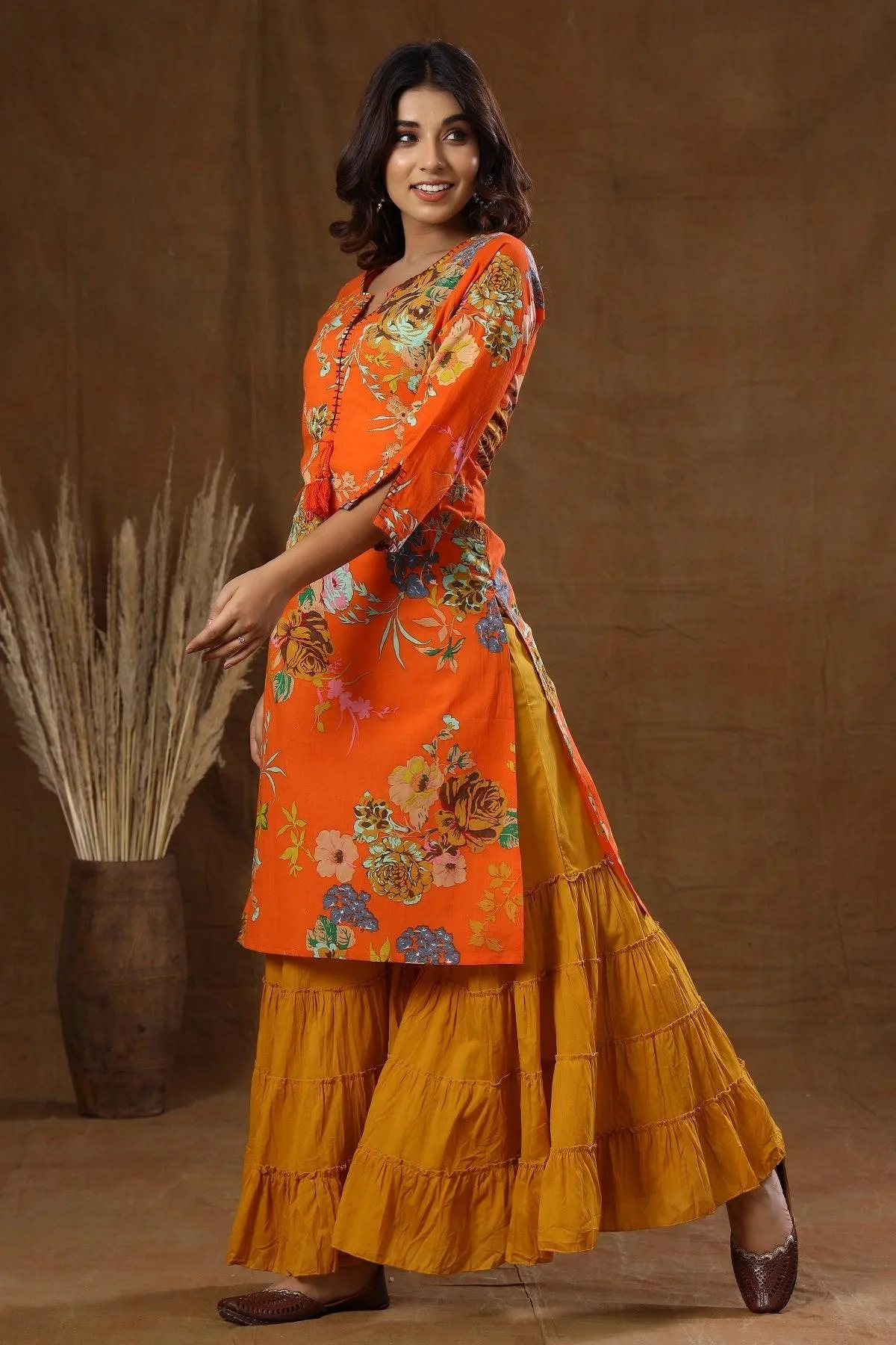 Orange Printed Kurta Sharara Set