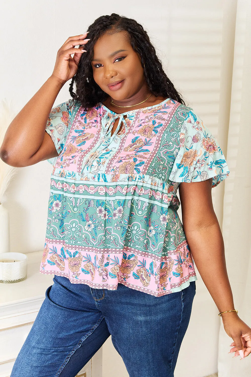 Perfee Floral Tie Neck Short Sleeve Blouse