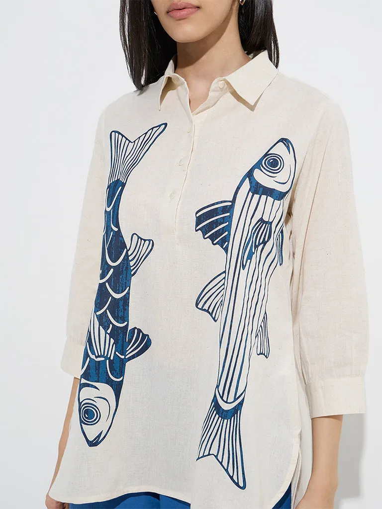 Utsa Indigo Fish Design Cotton-Blend Tunic
