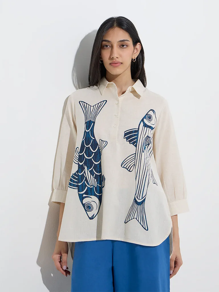 Utsa Indigo Fish Design Cotton-Blend Tunic