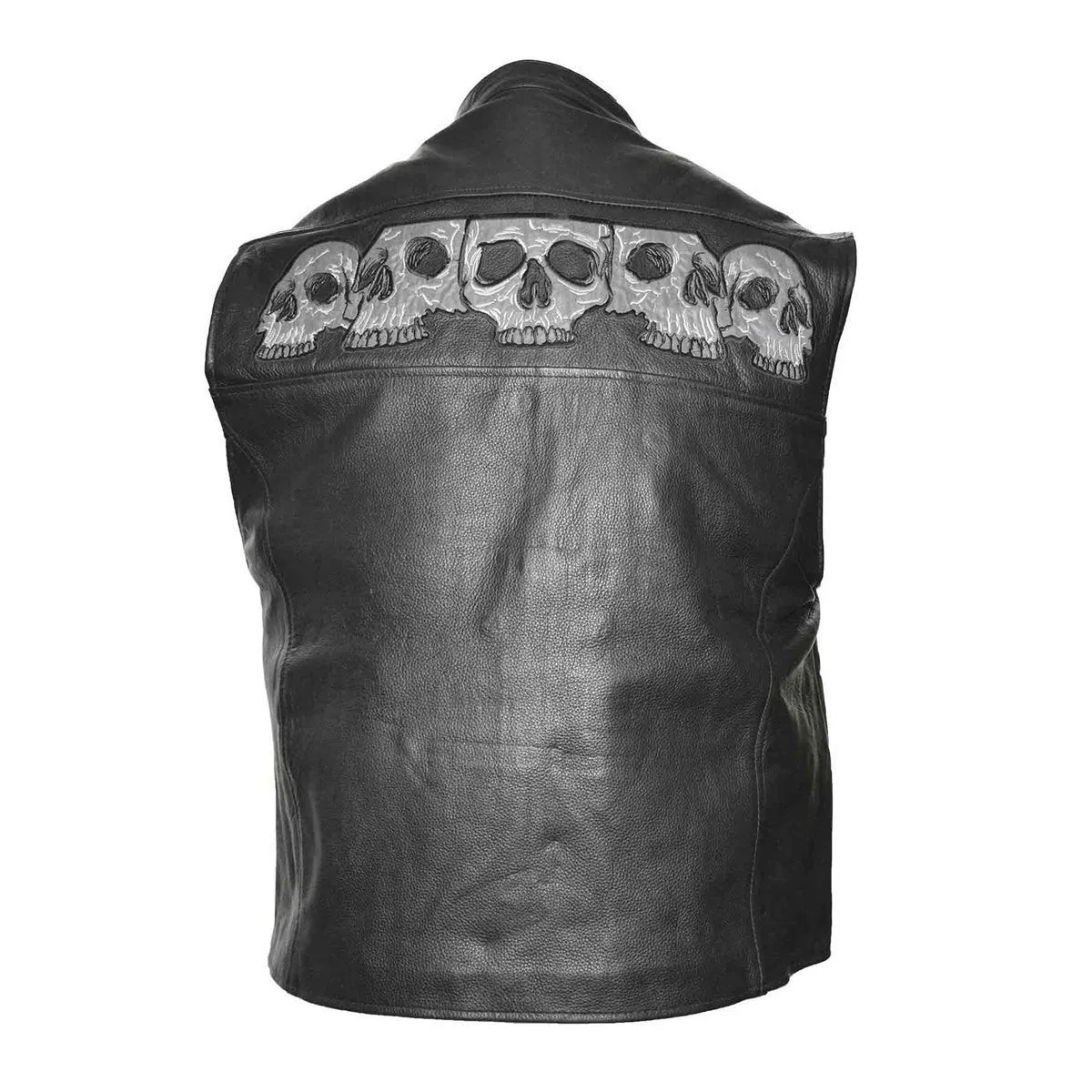 Vance VL935 Men's Black Reflective Skull Premium Cowhide Leather Biker Motorcycle Vest