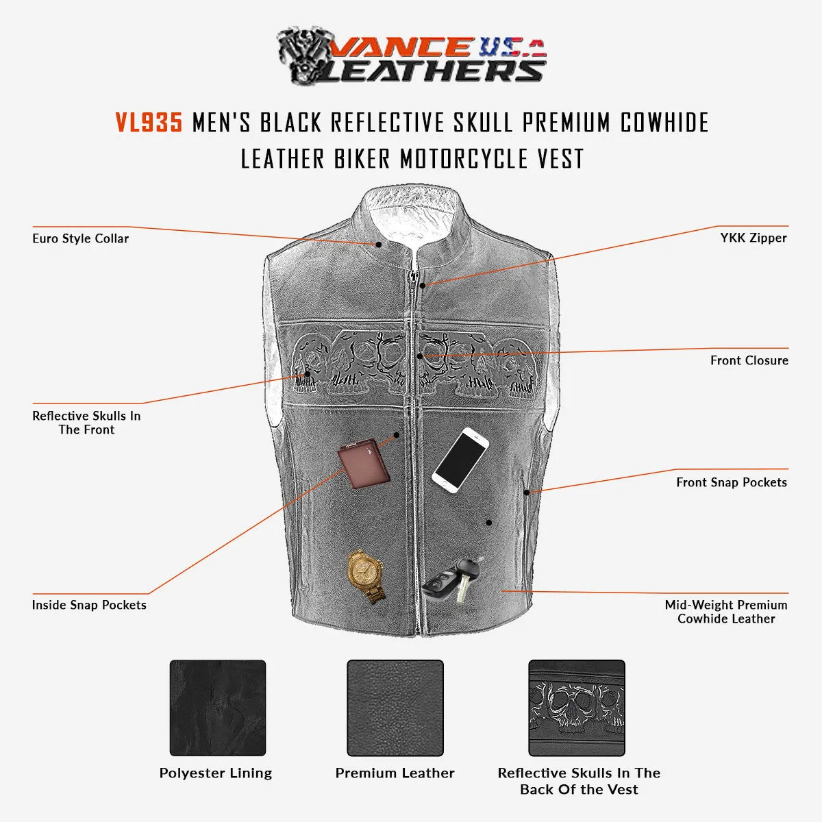 Vance VL935 Men's Black Reflective Skull Premium Cowhide Leather Biker Motorcycle Vest