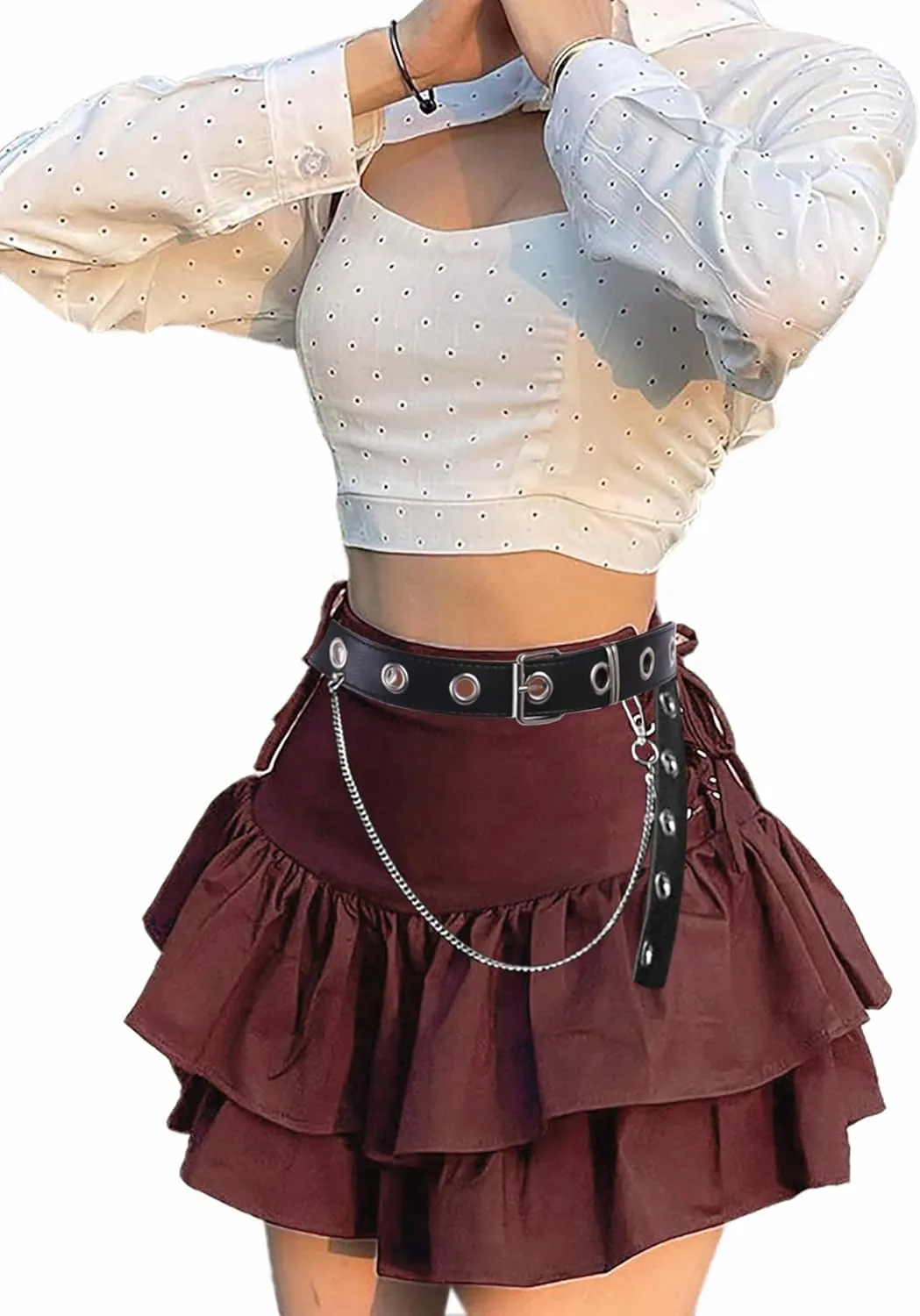 Womens Gothic Skirt Y2k 2000s Girl Mall Goth Punk Skirts High Waist Lace-Up Ruffle Fairy Grunge Mini Skirts